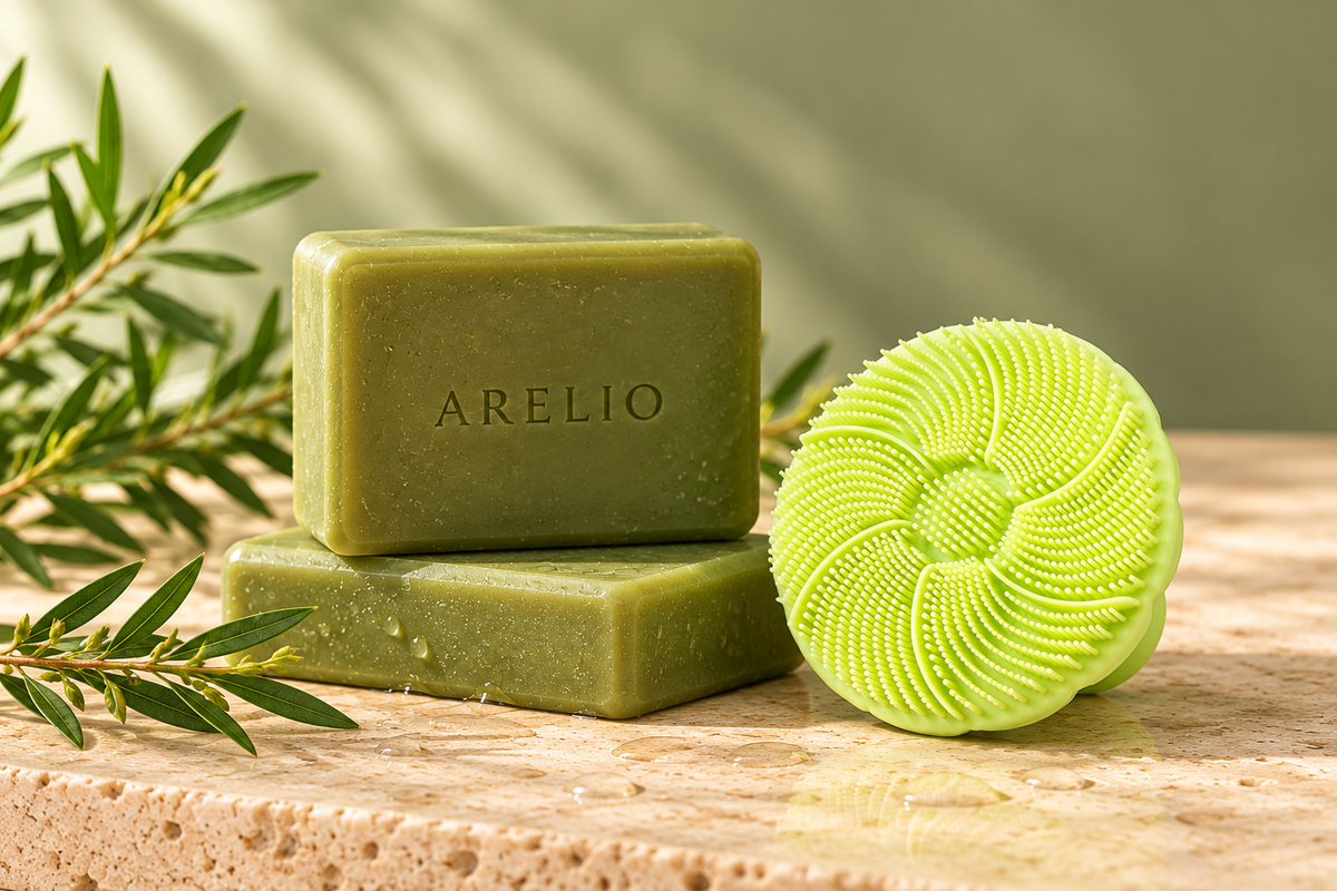 ARELIO green soap bars and green silicone facial cleansing brush